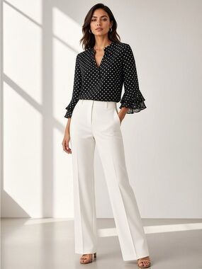 Kasper Black White Polka Dot Ruffle-Sleeve Blouse